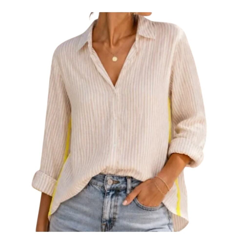 Sundry Evereve 100% Cotton Neutral Tan White Stripe Coastal Beachy Button Up Top